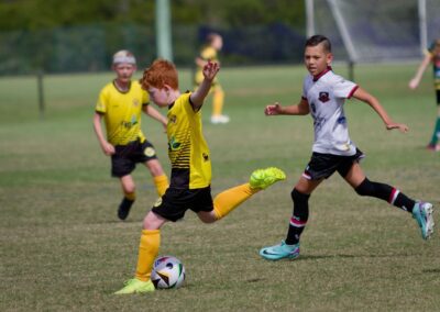 boy kicking the soccer ball